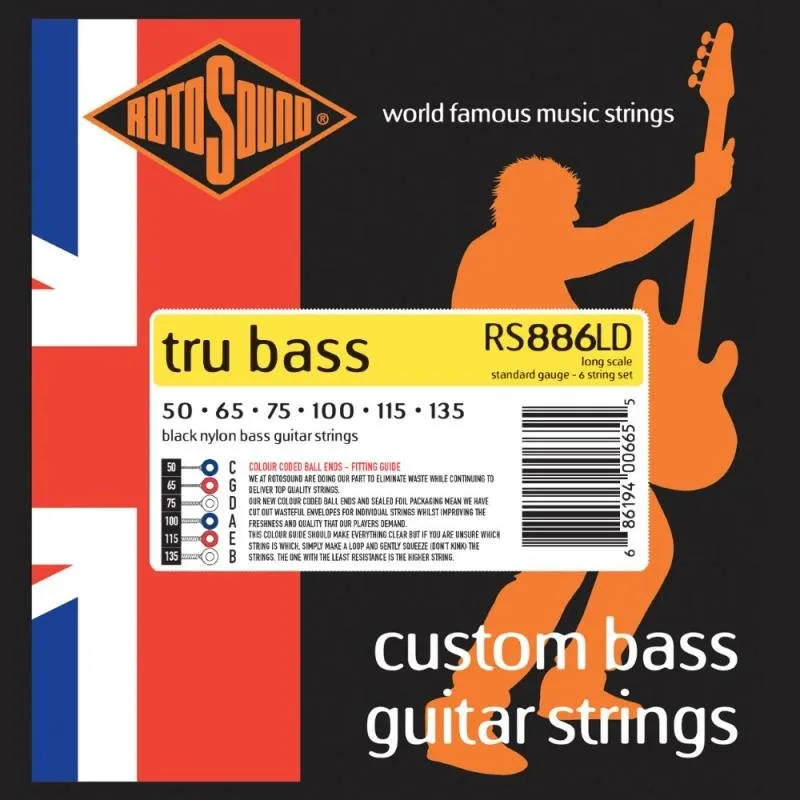 Rotosound Bassové struny, černý nylon, broušené, 6 strun, 50-135
