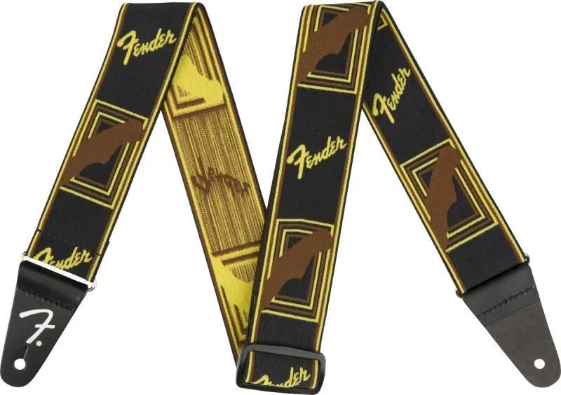 Fender kytarový popruh Weighless Monogram, černý/žlutý/hnědý