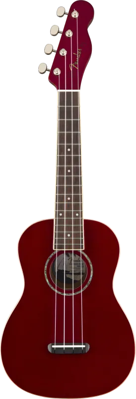 Fender Koncert ukulele dřevěná hmatník, červená barva Candy Apple