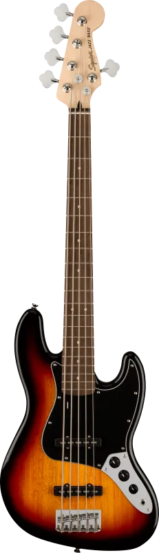 Squier Jazz Bass V, 5 strun, laurová hmatník, černý pickguard, 3-barvový sunburst