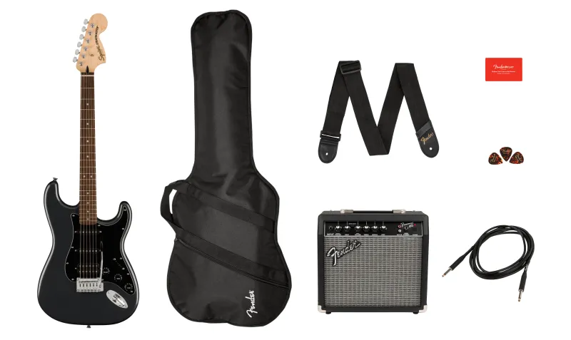 Squier Affinity Stratocaster HSS Pack, laurová hmatník, Charcoal Frost Metallic, gig bag