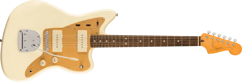 Squier J Mascis Jazzmaster, zlatý anodizovaný pickguard, vintage bílá