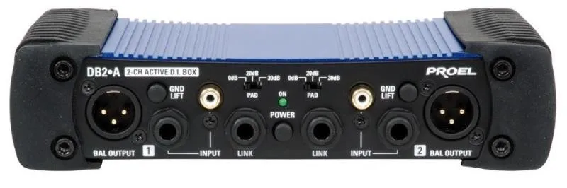 Proel DI-Box aktivní dual, modro-černý, kovový, rackový, stereo, phantom/adapter