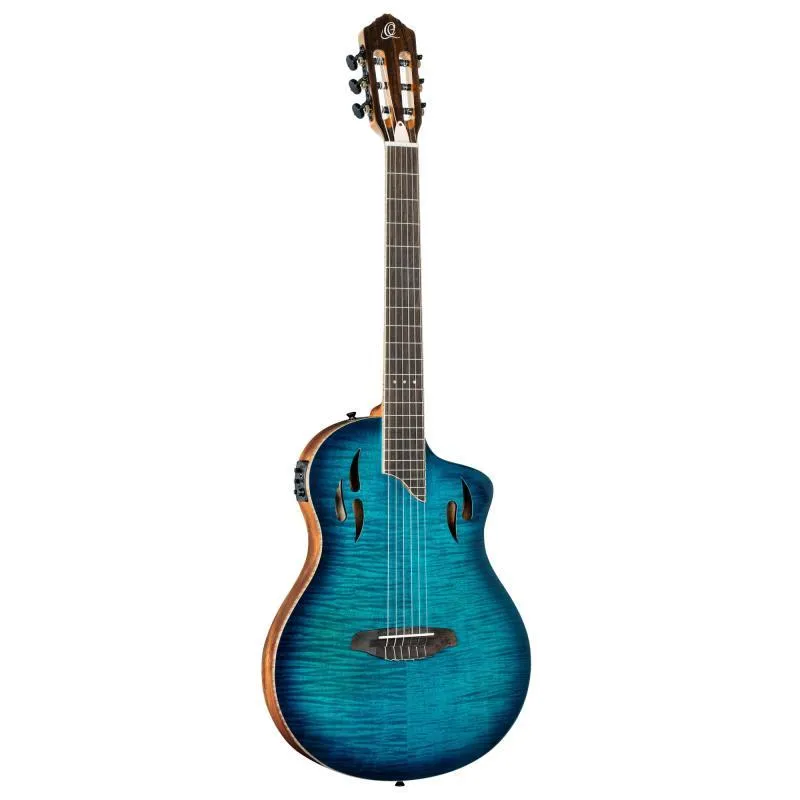 Ortega RTPDLX-FMA elektro-klassická kytara Flamed Maple, modrá barva, včetně pouzdra