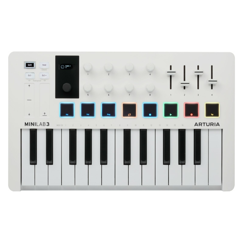 Arturia MIDI kontroler MINILAB 3 White, kompaktní, 25 kláves, 16 podsvícených padů