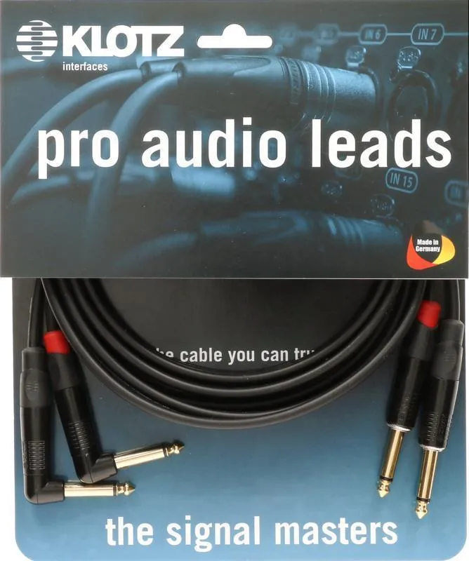 Klotz Pro stereo kabel, rovný a lomený Jack konektory - 3m