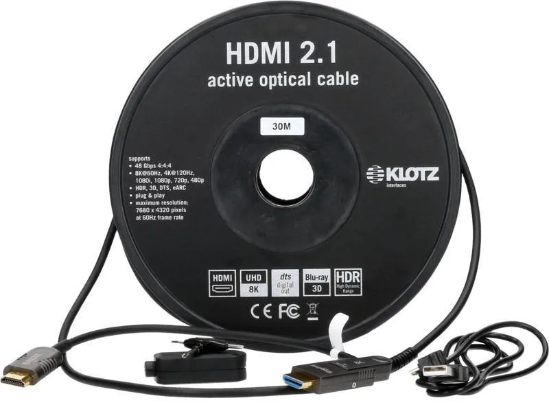 Klotz HDMI 2.1 AOC Link - aktivní optický kabel s HDMI-A a HDMI-D adaptérem - 30m
