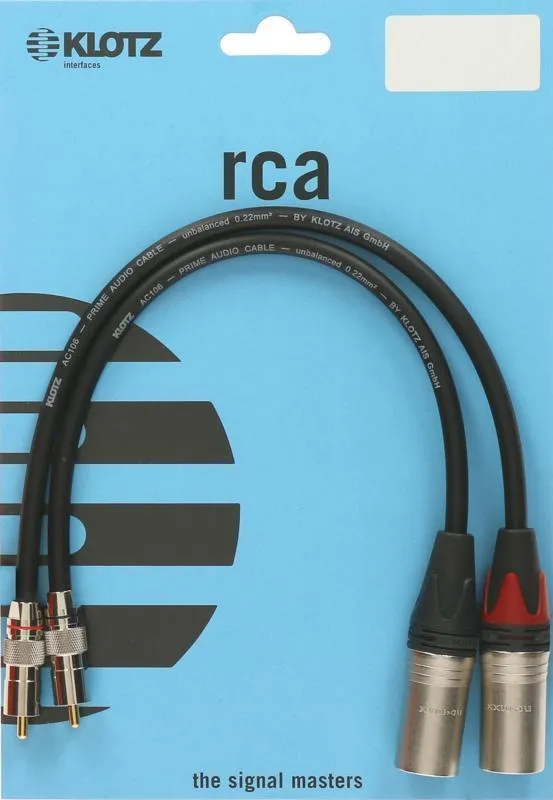 Klotz XLR-RCA kabel, 3m, vysoká kvalita, rovné konektory