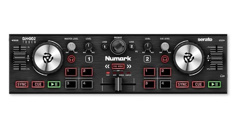 Numark DJ kontroler, 2 ch, mobilní, Serato DJ Lite, šířka pro laptop, touch jog