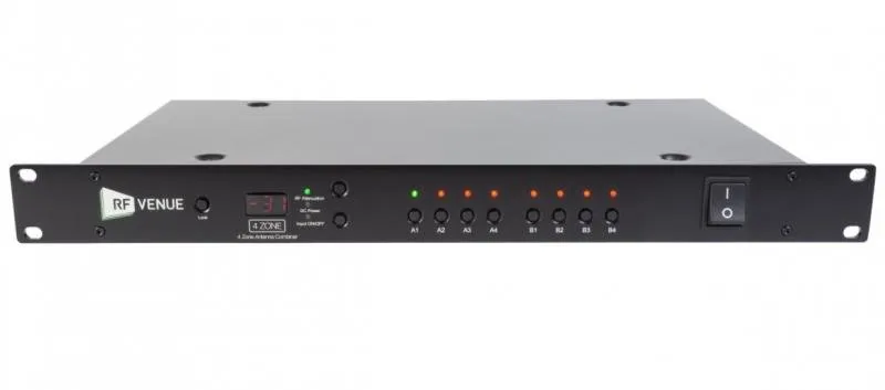 RF Venue Diverziti anténní splitter, 2x4 vstupy, 2x1 výstup, přepínatelný DC, EU konektor
