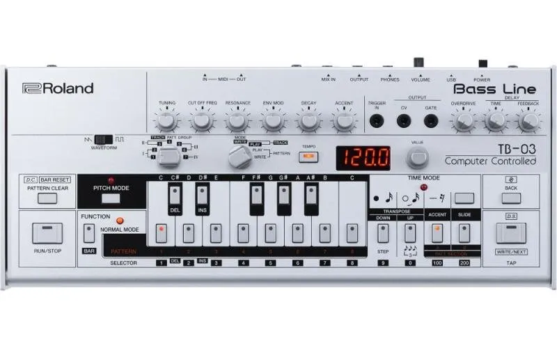 Roland TB-303 basový syntezátor, kompaktní design, ikonický zvuk