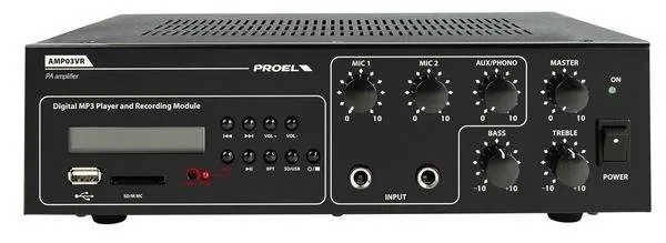 Proel instalační mixážní zesilovač, integrovaný přehrávač, USB, 2 mic in, 1 aux in, 70V, 100V