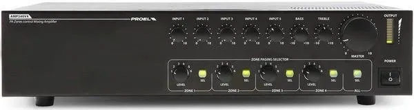 Proel Rackový mixážní zesilovač, 4 mic vstupy, 4 zóny, 240W, 25/70/100V