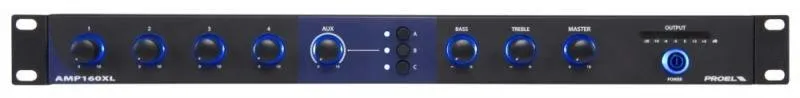 PROEL Rackový mixážní zesilovač, 160W, 4Ω, 70/100V, 4x mic/line, 3x AUX