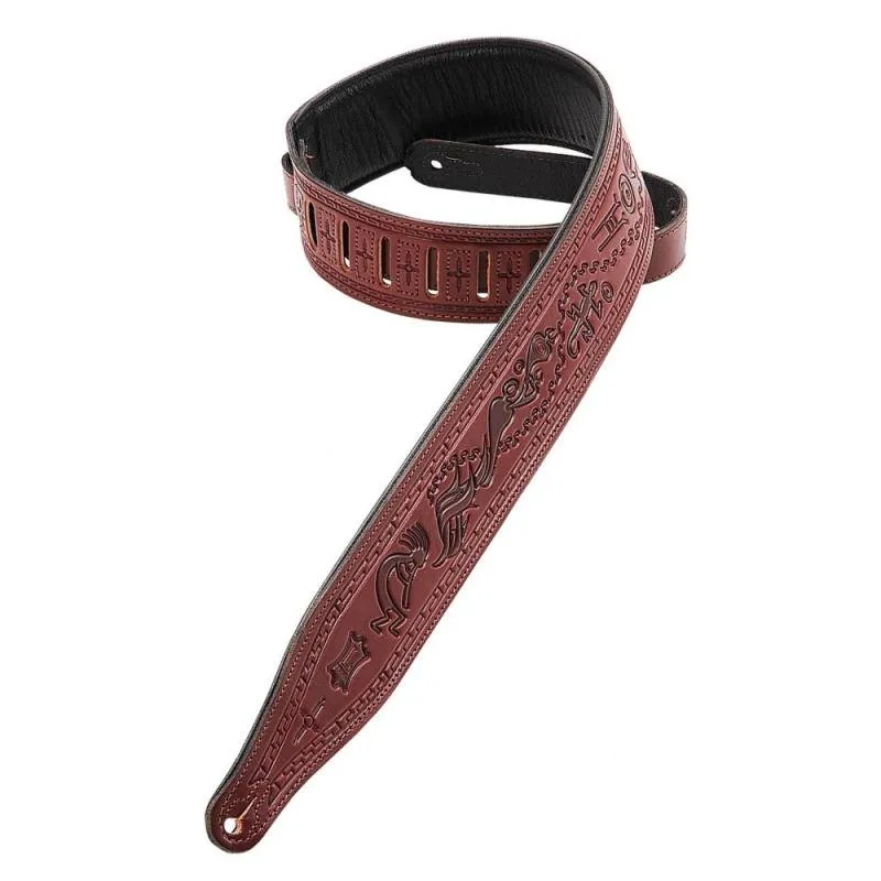 Levy's Kytarový popruh, Kokopelli vzor, polstrovaný, kůže, 6cm, 140cm, burgundy červená