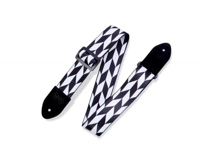 Levy's Kytarový popruh, potisk, polyester, s koženými konci, černé plastové strany