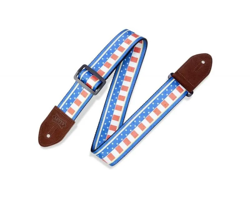 Levy's Kytarový popruh, polyester, černé plastové strany, kožené konce, 88-152cm nastavitelné
