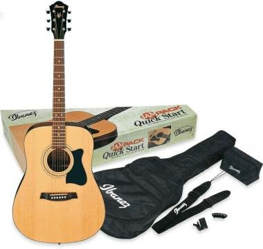 Ibanez akustická kytara set, pouzdro, popruh, ladící strojek, trsátko, přírodní barva