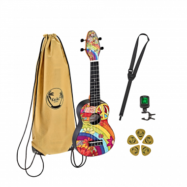 Ortega K2-68 KEIKI ukulele set Peace 68, včetně tašky, ladicího zařízení, 5 trsátek a popruhu