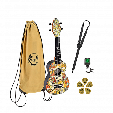 Ortega K2-VP KEIKI ukulele set Voodoo Puppet, včetně gymbagu, ladícího zařízení, trsátek a popruhu