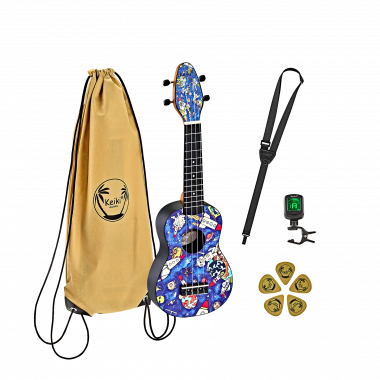 Ortega K2-SP KEIKI ukulele set Spaceman, včetně tašky, ladícího zařízení, 5 trsátek a popruhu