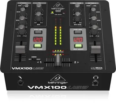 Behringer VMX100USB keverő, DJ, 2 csatorna, USB/Audio interface, BPM számláló, VCA vezérlés