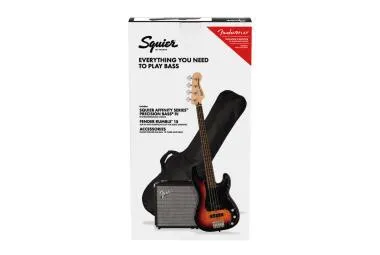 Squier Affinity Series Precision Bass PJ Pack, babér fogólap, 3 színű sunburst, basszusgitár szett