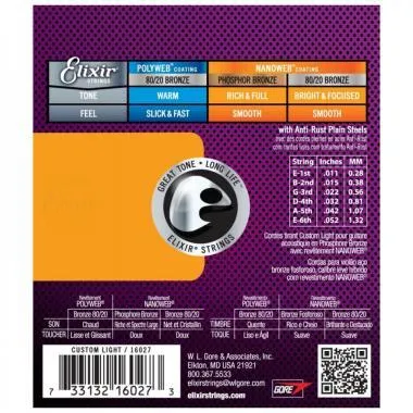 Elixir E16027 Phosphor Bronze NanoWeb (16027) 11-52 Custom Light akusztikus húrkészlet