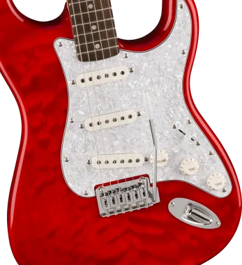 Squier FSR Affinity Series Stratocaster QMT, Laurel Fingerboard, White Pearloid Pickguard, Crimson R