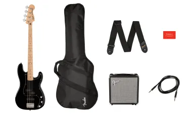 Squier Affinity Series Precision Bass PJ Pack, Maple Fingerboard, Black, Gig Bag, Rumble 15 - 230V E