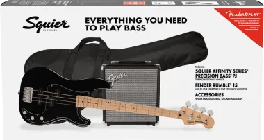 Squier Affinity Series Precision Bass PJ Pack, Maple Fingerboard, Black, Gig Bag, Rumble 15 - 230V E