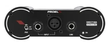 PROEL DIRECT100A DI-Box aktív mono, fekete, fém, működés: 9V elem/18-48V, fantom