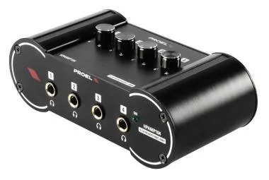 PROEL HPAMP104 Fejhallgató erősítő-osztó, 4 csatorna, fekete, fém, 6,3 mm jack/ RCA bemenet, adapter
