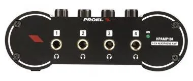 PROEL HPAMP104 Fejhallgató erősítő-osztó, 4 csatorna, fekete, fém, 6,3 mm jack/ RCA bemenet, adapter