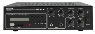 Proel instalační mixážní zesilovač, integrovaný přehrávač, USB, 2 mic in, 1 aux in, 70V, 100V