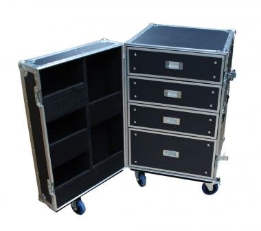 Proel Hordozný rack, 4 šuplíky s pěnovou výplní, 4xØ100mm otočná kola